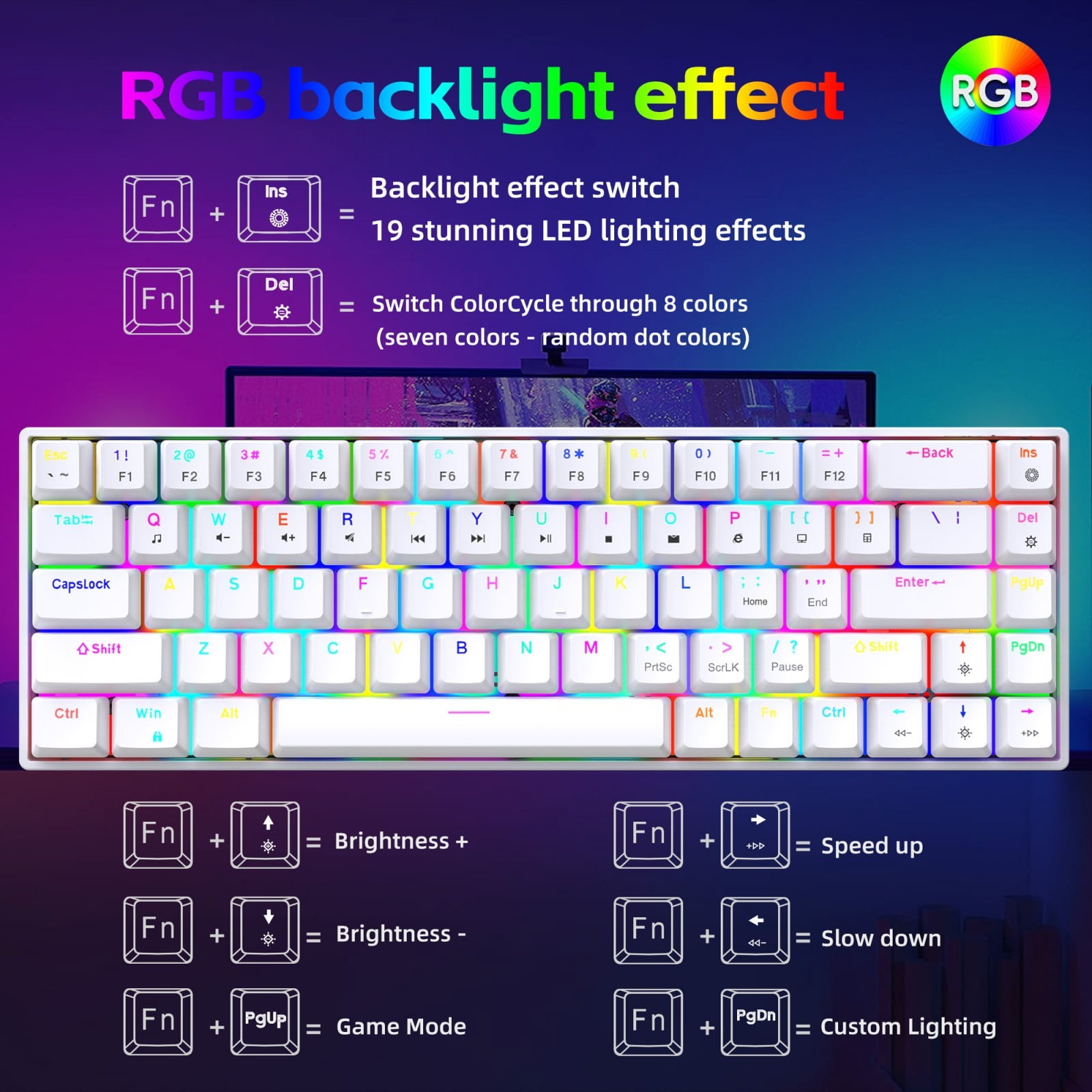 Ergonomic Color Keyboard Hot Swappable Red/Brown Switches 19 Dynamic Light Effects Portable Layout For