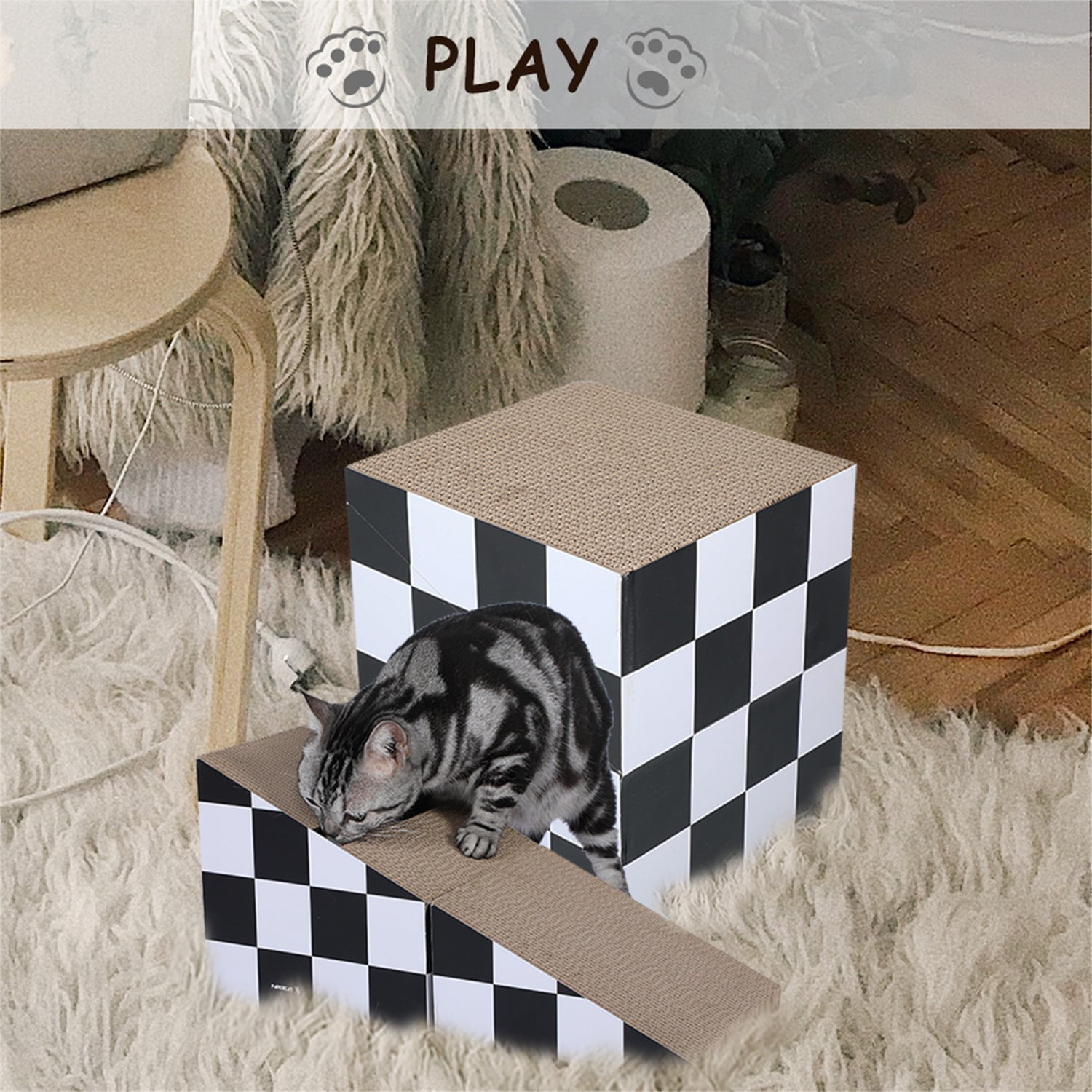 Pefilos 19" Cat Scratcher Board with Ball, Triangle Cat Scratching Cardboard, 2-in-1 Scratching Lounge Bed, Recyclable and Durable, Black and White Pefilos 19" Cat Scratcher Board with Ball, Triangle Cat Scratching Cardboard, 2-in-1 Scratching Lounge Bed, Recyclable and Durable, Black and White