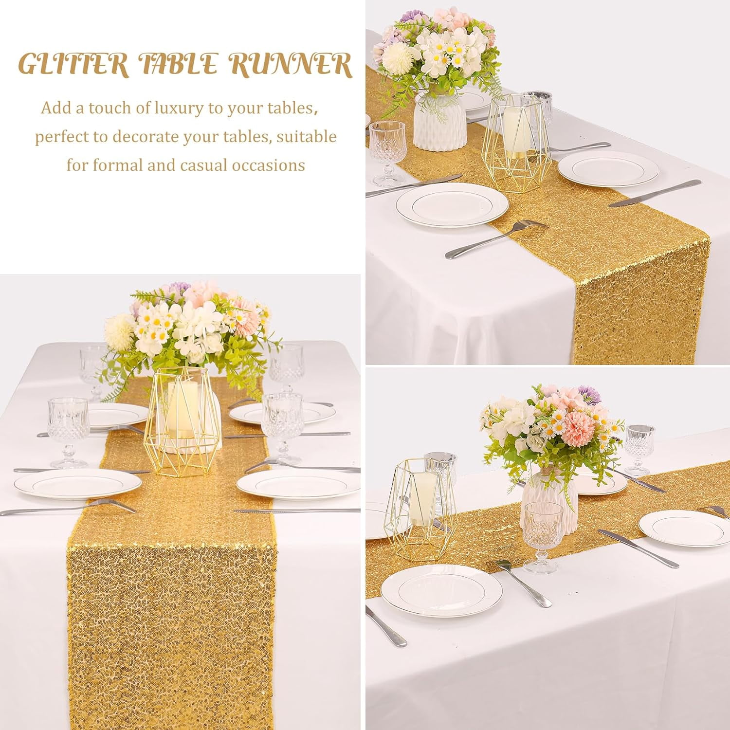 6 Pack Champagne Gold Sequin Table Runners 12" x 72" Sparkle Sequin Table Cloths for Wedding Party Banquet Bridal Shower Decorations
