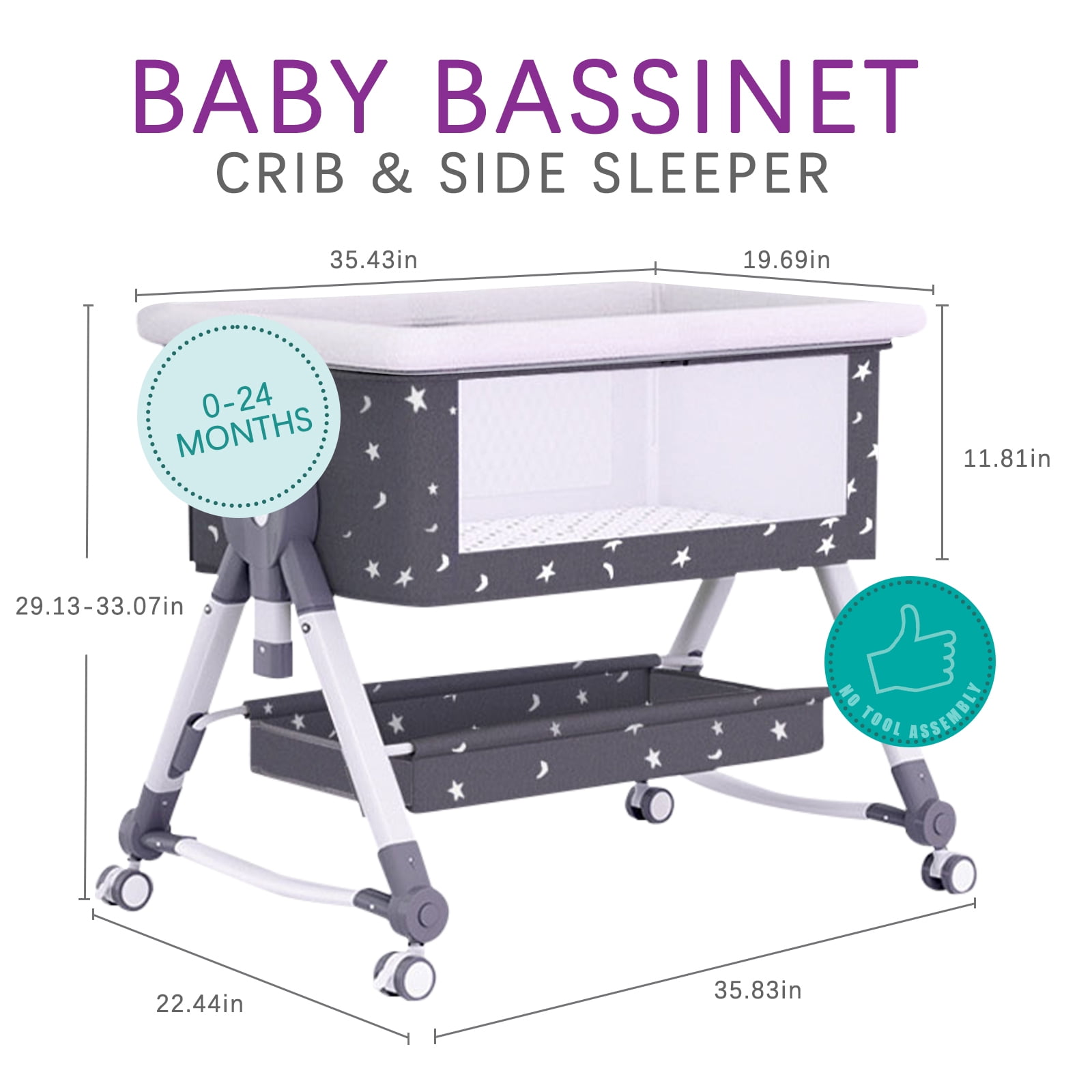 StarZe Baby Bassinet with Mosquito Net and Storage Rack,Silent Wheels,Adjustable Height,Black.