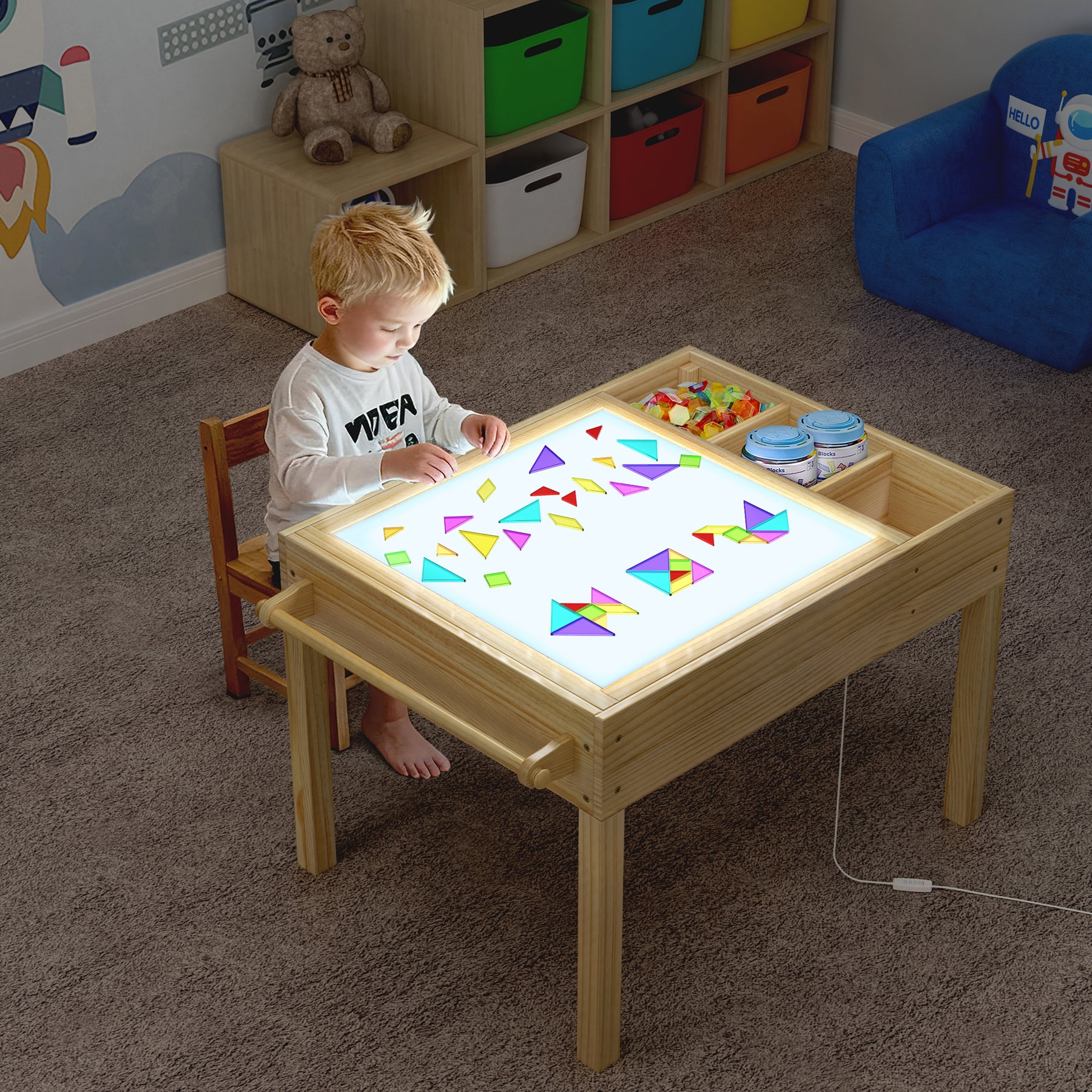 GDLF Light Table for Kids, 3-in-1 Kids Activity Table with Storage, LED Sensory, Building Brick & Art Table with Paper Roll Holder for Ages 3+