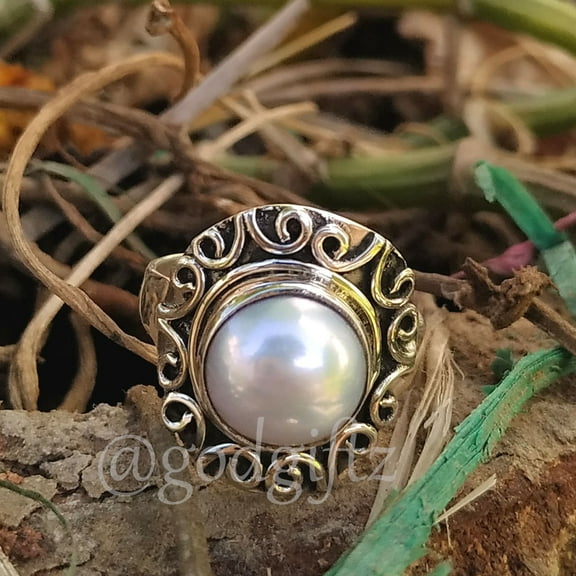 Natural Pearl Ring, Handmade Silver Ring, 925 Sterling Silver Ring, Round Fresh Water Pearl Ring, June Birthstone Promise Ring Gift for her
