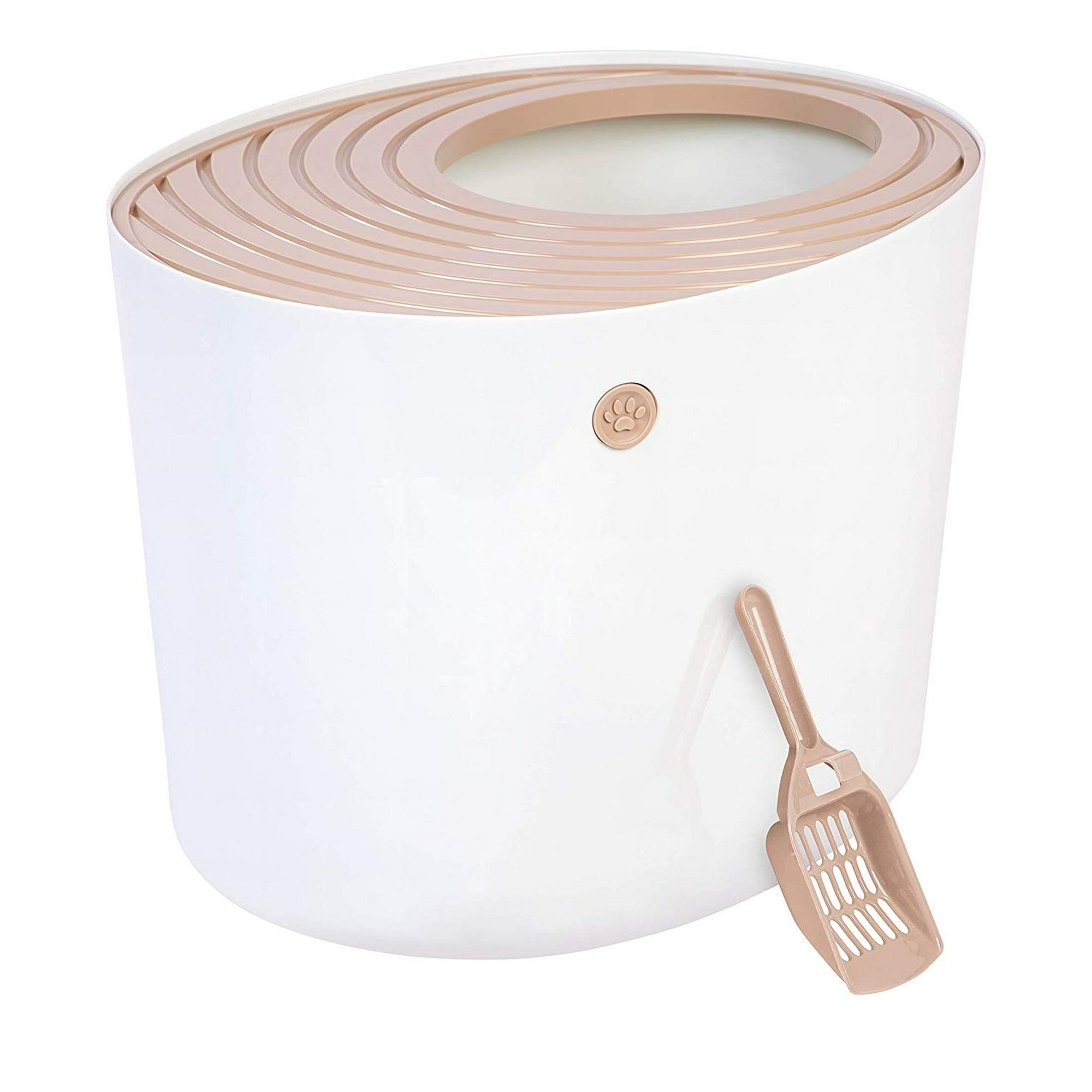 IRIS USA Cat Litter Box Top Entry Litter Box With Scoop Stylish Round Cat Litter Box Enclosure Kitty Litter Box White Beige