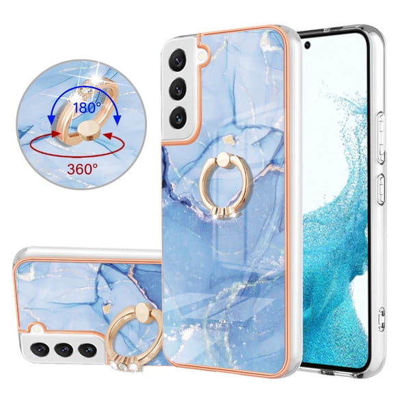 Mantto For Samsung Galaxy S23 Case,Ring Holder Stand Marble Pattern 3 in 1 Rugged Shockproof Hybrid Hard PC Soft Rubber Bumper Drop Protective Girls Women Boy Men Phone Cases,Blue