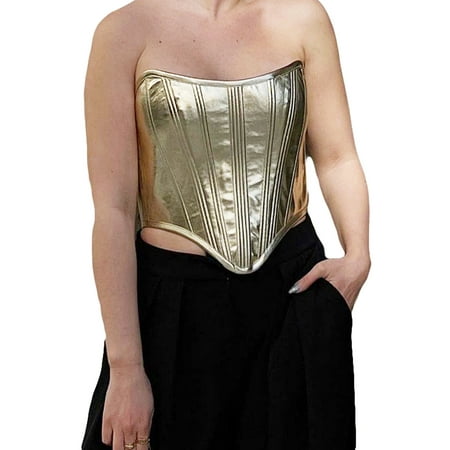 

Women s Corset Tube Tops Shiny Metallic Strapless Cross Tie-up BackIrregular Hem Bustier