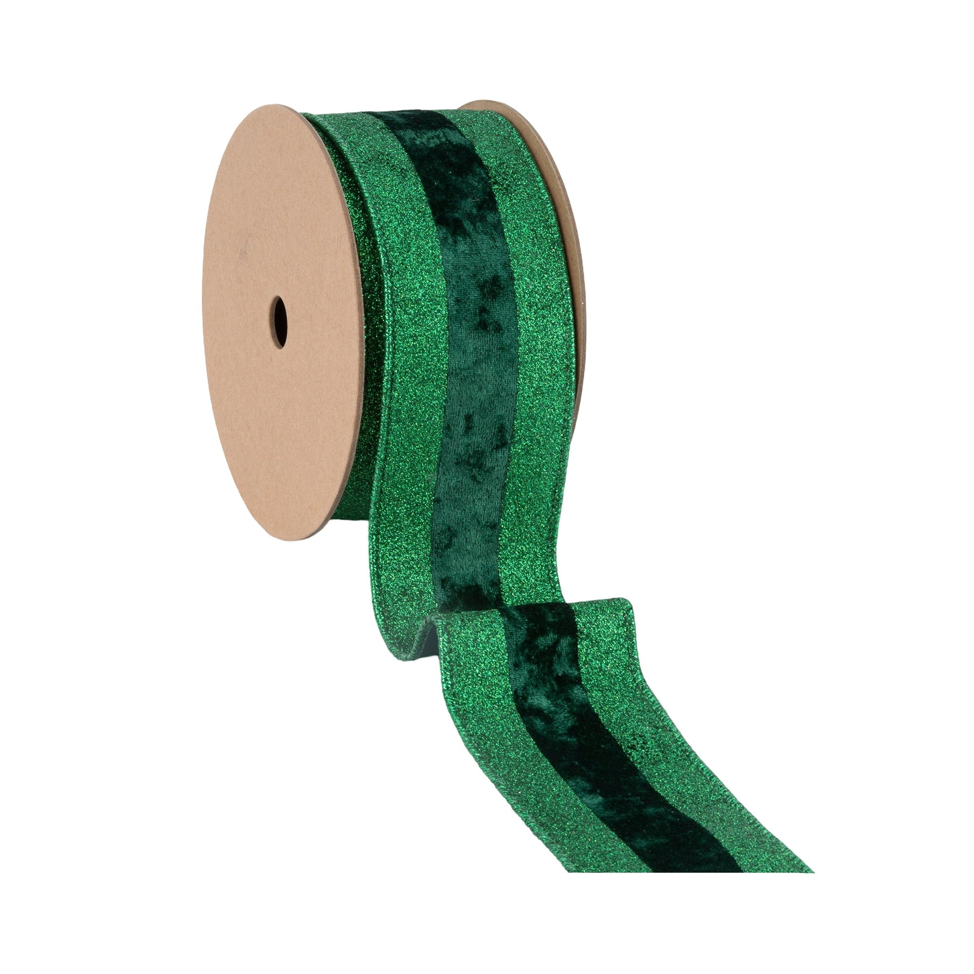 LaRibbons 2 1/2" Wired Ribbon, Green Glitter with Green Velvet Stripe, 10 Yard Roll