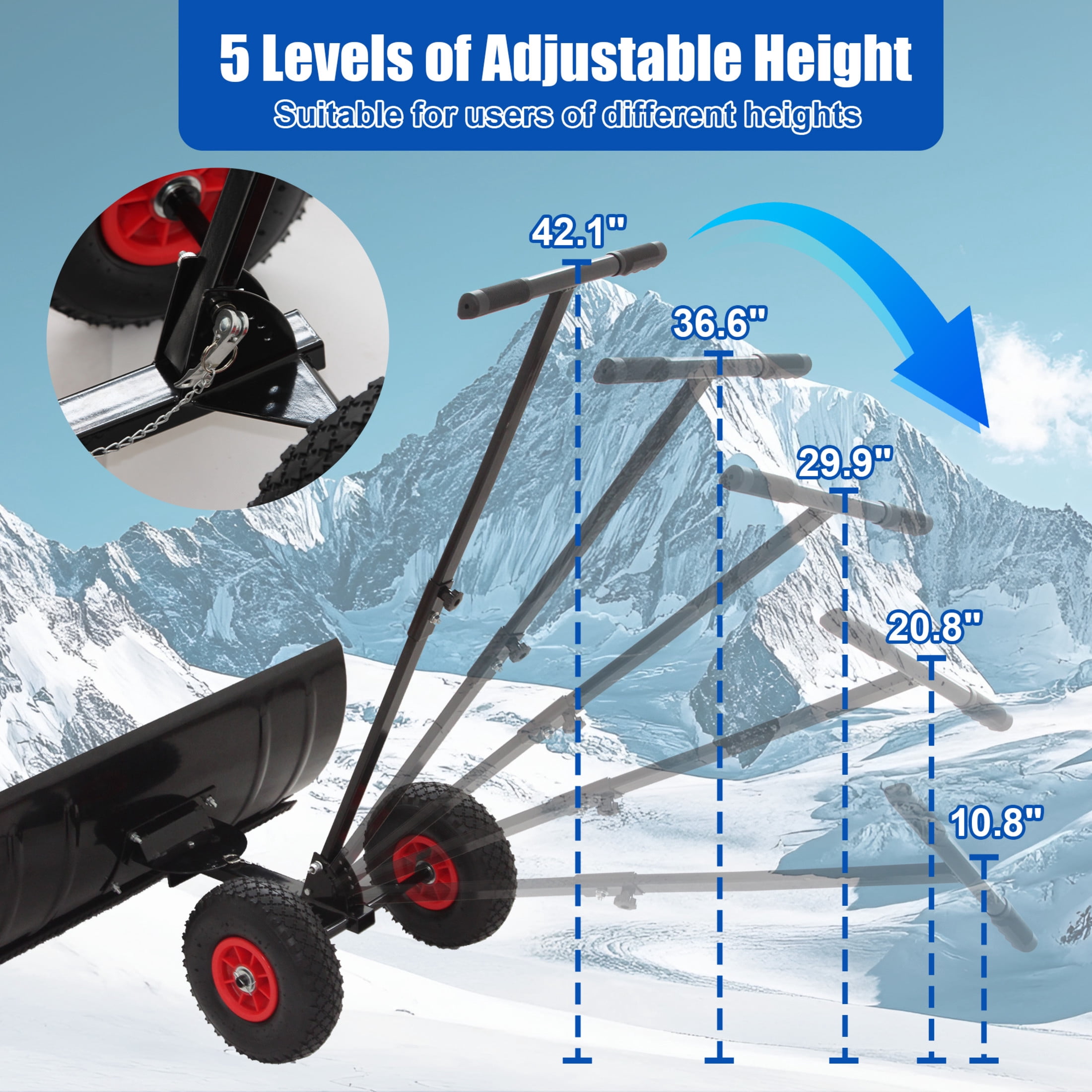 Noble House 30" Metal Snow Shovel Pusher with Single Rod, Rubber Wheels and Adjustable Handle, Heavy Duty, Black