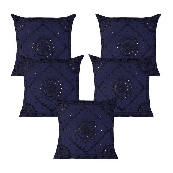 Stylo Culture Ethnic Sofa Throw Pillow Covers 24x24 Large Hand Embroidered Dark Blue Bohemian 60x60 cm Home Decor Cotton Mirrored Square Cushion Covers | Set Of 5