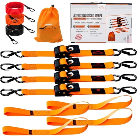 2 x 10 Retractable Ratchet Straps 4 Pack 3000lbs Break Strength Heavy Duty Auto Self-Retracting Tie Down Straps for Secure Cargo Tie Downs with 6 count Bungee Cords