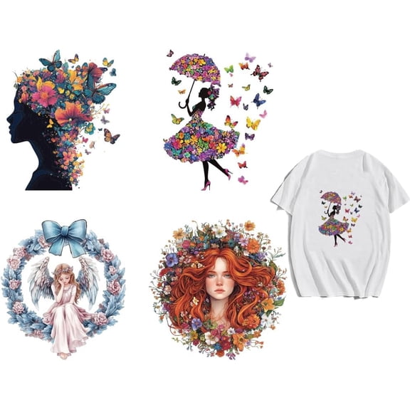 4 Pcs Female Silhouette Iron On Patches Stickers Plastic Heat Transfer Stickers Women Flowers Angel Butterfly Washable Iron on Decals for T-Shirts Bags Clothing DIY Decorations 1set