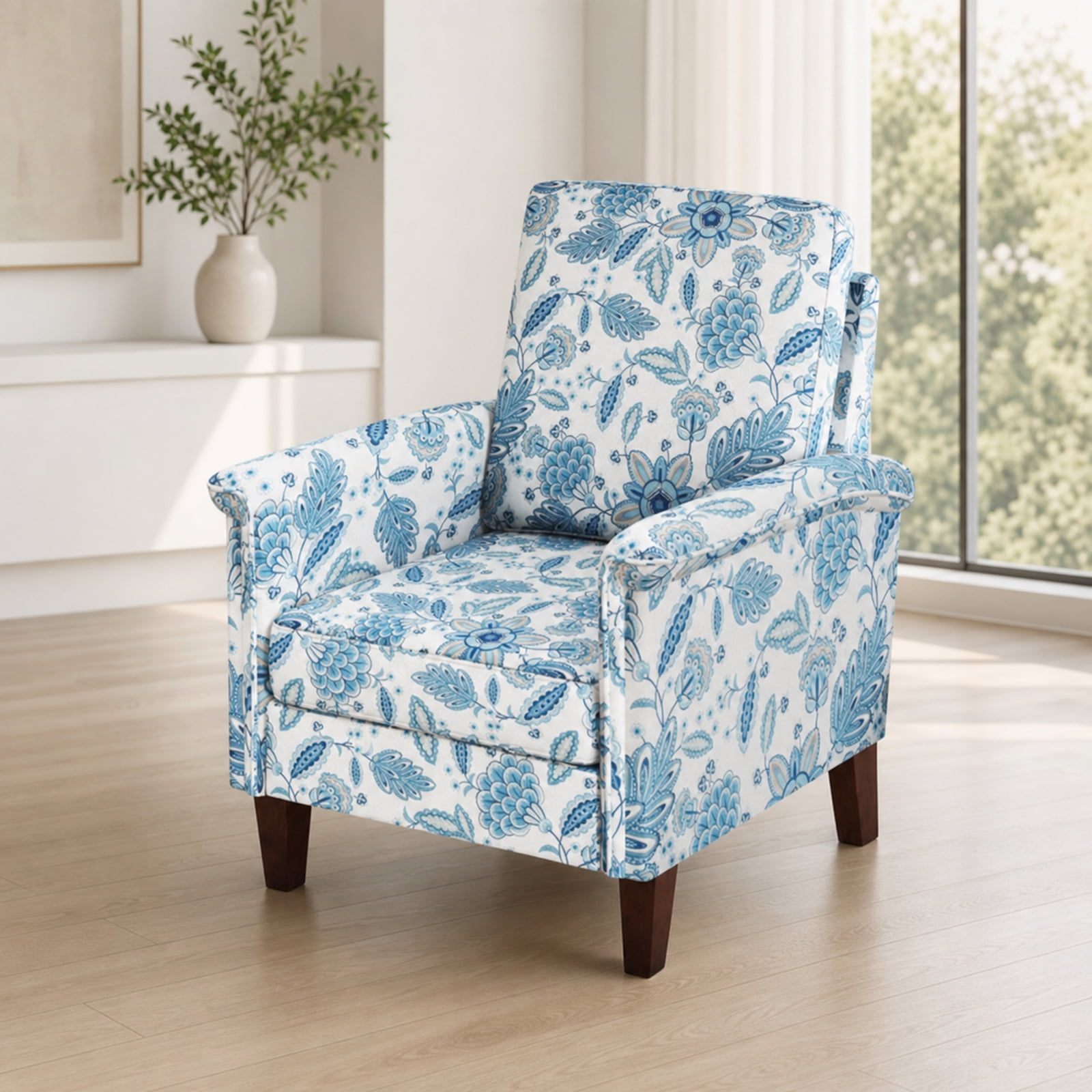 Furnibear Floral Accent Chair Farmhouse Boho Armchair with Solid Wood Legs and High Back for Living Room Bedroom Reading Nook Accent Lounge Home, Blue