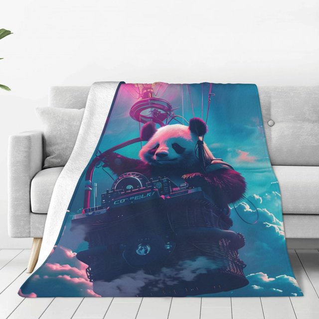 Fotbe DJ Panda Hot Air Balloon Manta de Franela Acolchonada con Estampado, Súper Suave y Esponjosa, Extra Grande para Sofá, Cama, Uso Todo el Año-60"x50"