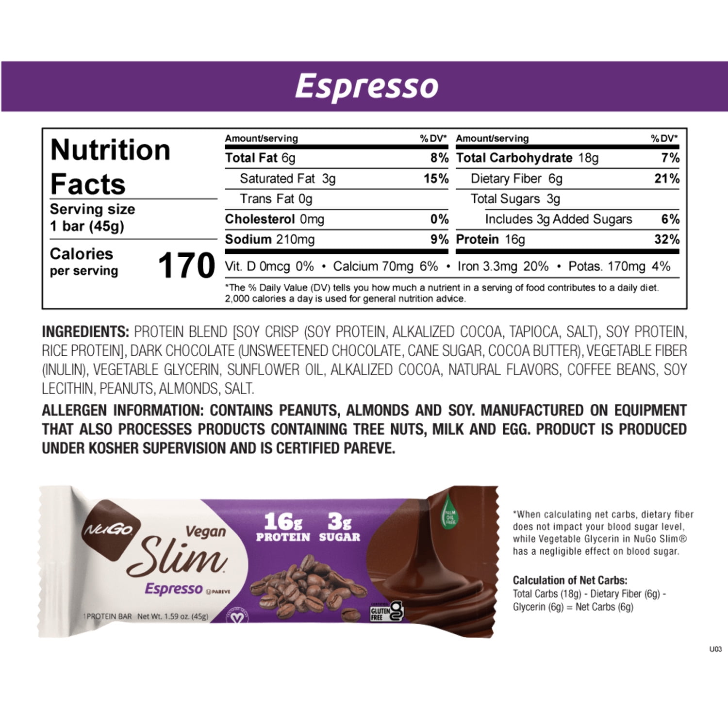 NuGo Slim Dark Chocolate Espresso, 16g Vegan Protein, 3g Sugar, 7g Fiber, 170 Calorie, Low Net Carbs, Gluten Free, 24 Count