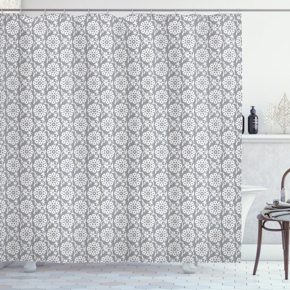 Grey and White Shower Curtain, Rich Royal Victorian Garden Pattern