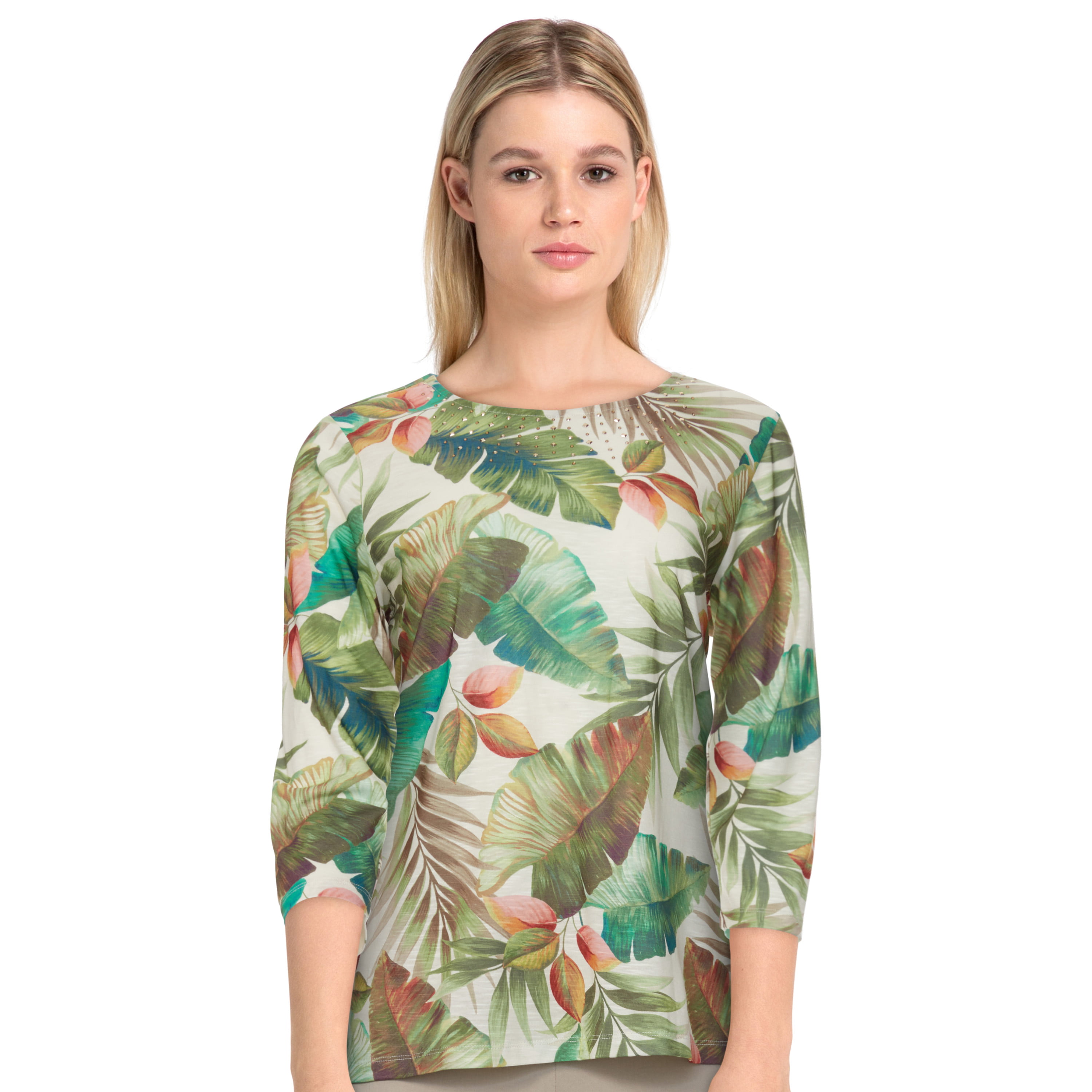 Alfred Dunner Womens Plus-Size Tropical Leaf Soft Knit Crew Neck Top ...