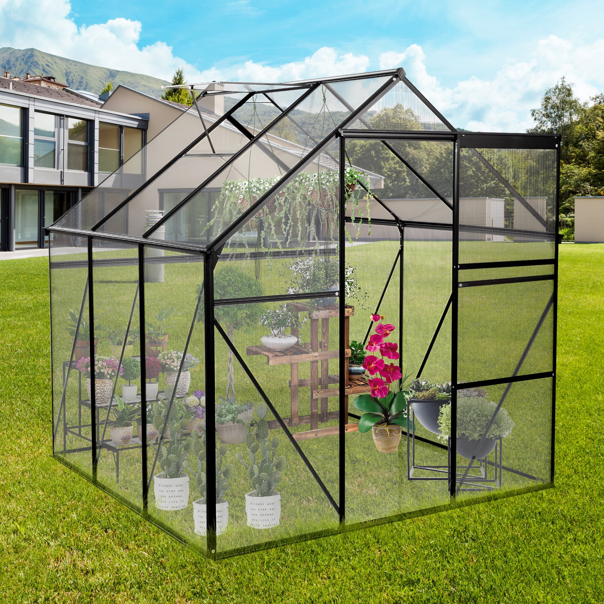 Roninkier 6X6 ft Walk-in Polycarbonate Greenhouse for Outdoor Backyard in All Season，Black