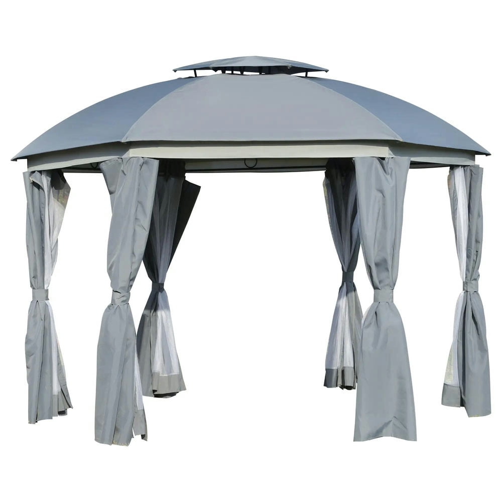 Resenkos Outdoor Garden Gazebo, Sunshade Gazebo Canopy,12' x 12' Round Outdoor Gazebo with Double Roof, Netting Sidewalls and Curtains, Zippered Doors,Grey