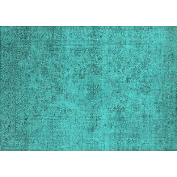 Ahgly Company Machine Washable Indoor Rectangle Oriental Turquoise Blue Industrial Area Rugs, 7' x 9'