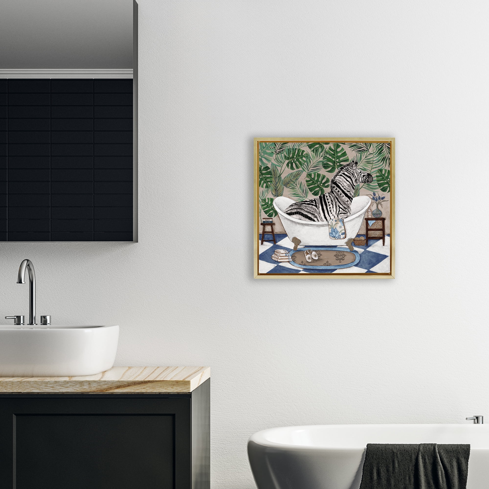 Stupell Industries Zebra in Tropical Bathtub Gold Framed Floater Canvas Wall Art, design by Janet Tava