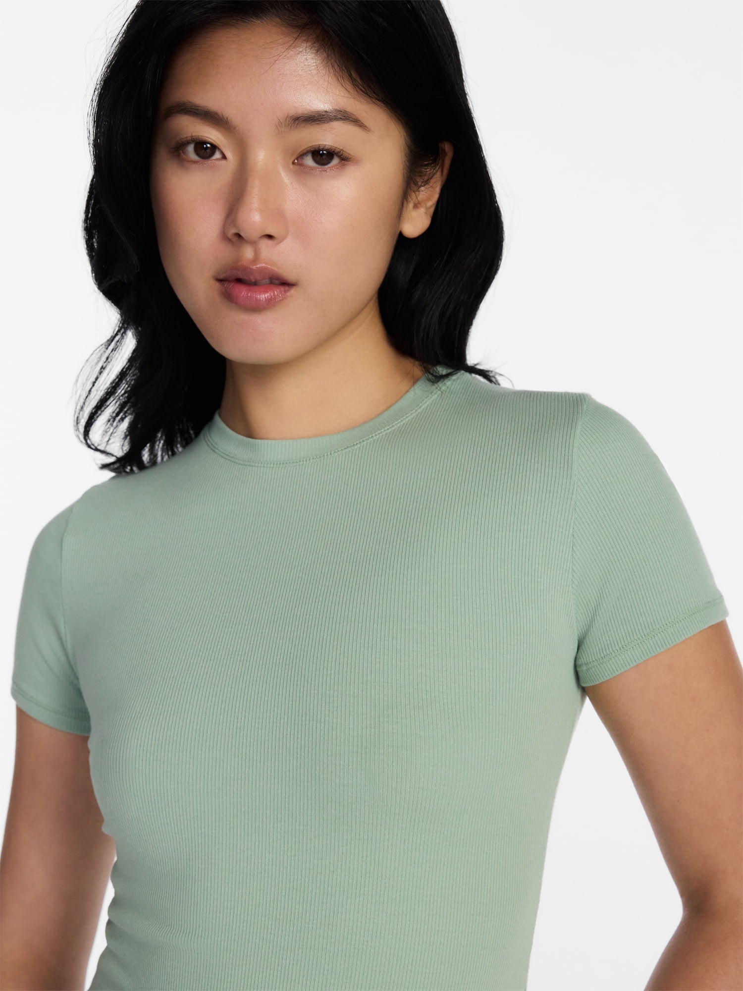 No Boundaries Cotton Stretch Ribbed Tee with Short Sleeves, Women's XS-XXXL