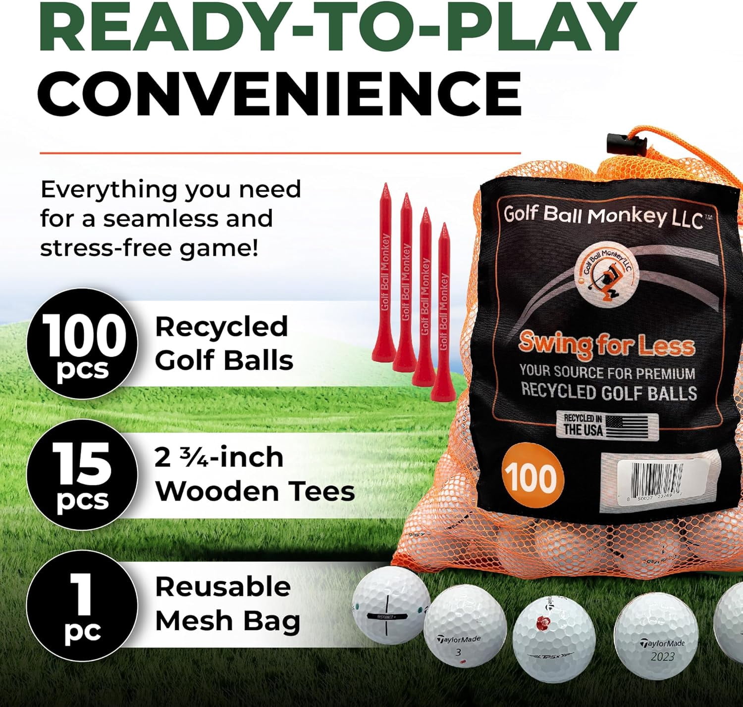 Golf Ball Monkey Recycled Taylormade Golf Balls Bulk Mix 100 w/ 15 Tees &MeshBag 4A/ Near Mint Taylormade TP5, TP5X, Speed Soft, Distance+, ProjectA, RBZ, Tour Response Golf Balls TaylorMade & More