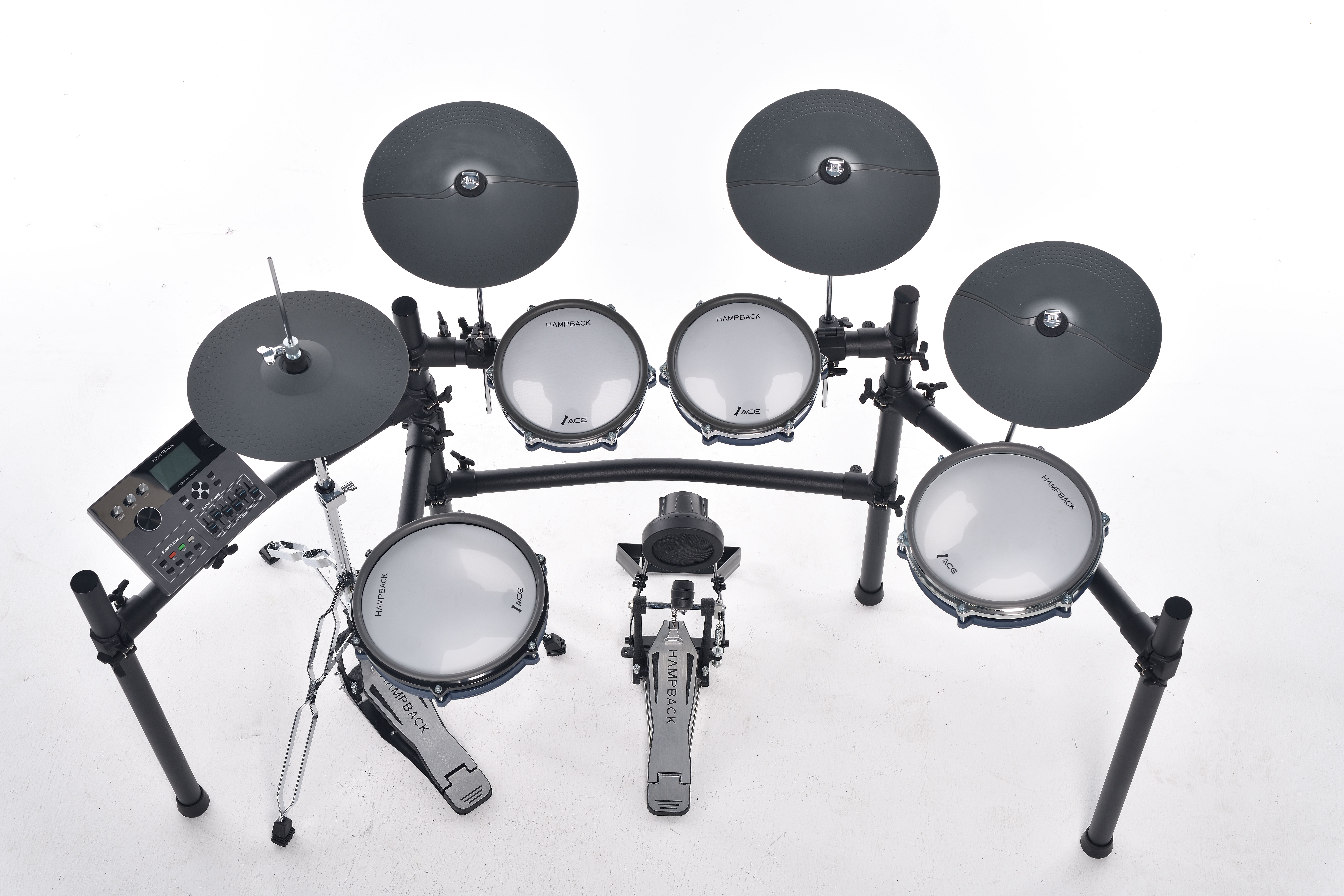 HAMPBACK ACE-360 Electric Drum Set for Adults, 10'' Snare Drum, 3x12" Cymbals with Choke, 12" Independent Hi-Hat, 5" Bass Drum, 52+ Drum Kits, 918 Sounds, Bluetooth Connection, Suitable for Advanced