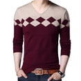 thumbnail image 3 of SPRING PARK Chic Men's V Neck Casual Geometric Pattern Long Sleeve Color Block Pullover Knitwear Elastic Slim Sweater, 3 of 7
