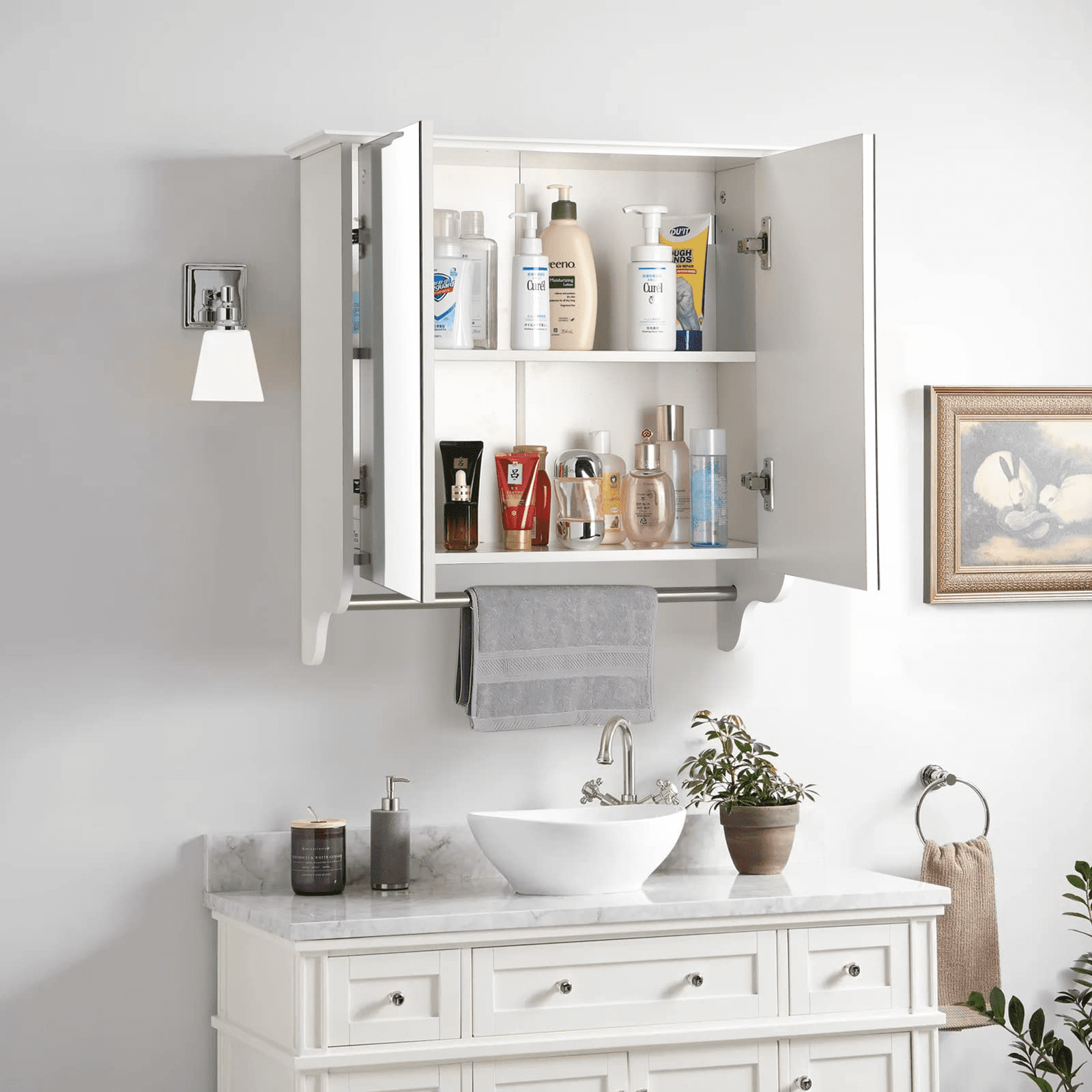 HOKYHOKY Bathroom Medicine Wall Cabinet, Bathroom Hanging Storage Cabinets  with Louver Doors, Medicine Cabinet Organizer Wall Mounted with Towel Bar