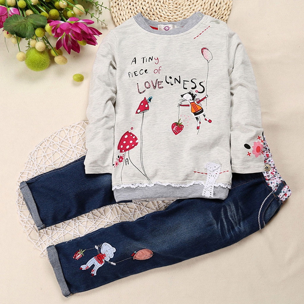 Toddler Baby Girls Clothes Set Cartoon Print Tops Denim Jeans Pants Outfits  