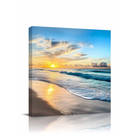 Ocean Sunrise Sunset Canvas Wall Art, Beach Waves Sea Scenery Framed Wall Decor Modern Artwork Prints Painting for Living Room, Bedroom, Kitchen & Cafe Decor 12x12 Inch