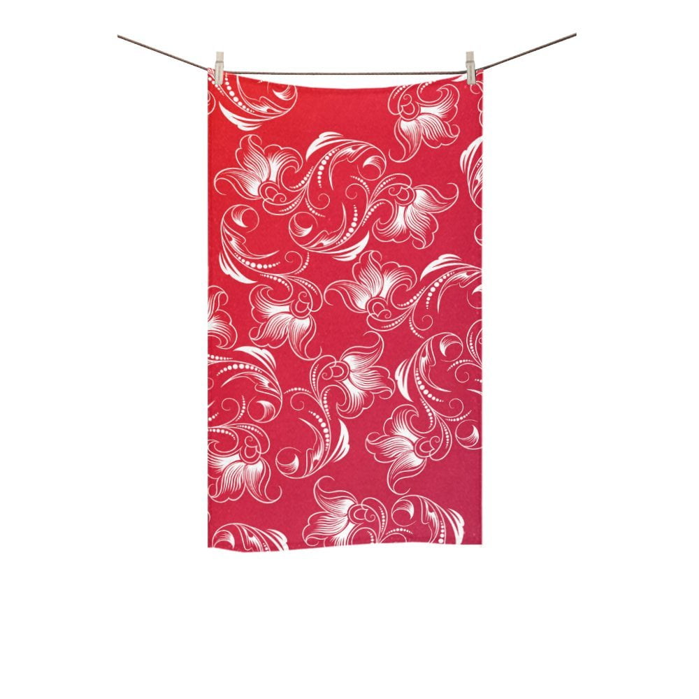 red patterned bath towels