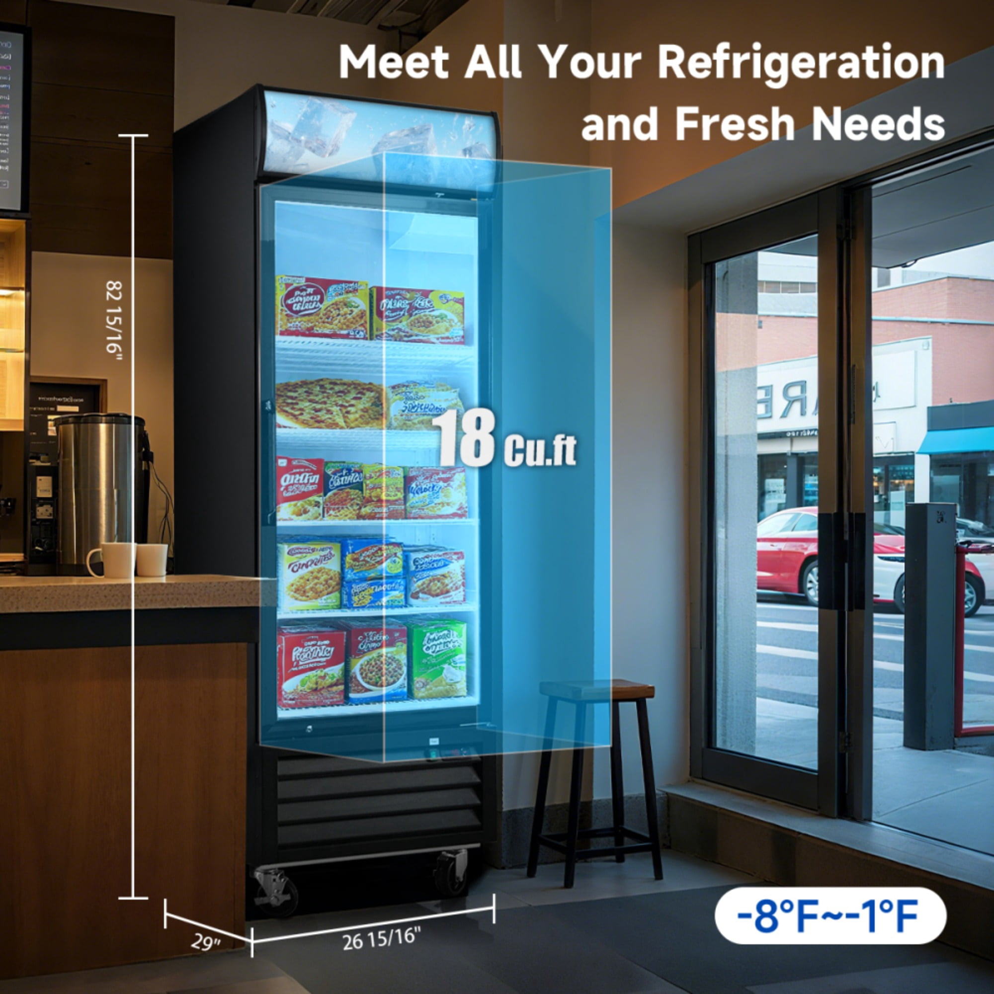 16 Cu.Ft Single Door Commercial Upright Display Freezer Merchandiser Glass Doors With ETL Certified, -8 to -1℉,Auto Defrost, Heated Door Frame, LED Lighting, for Cafes, Restaurants, Stores.