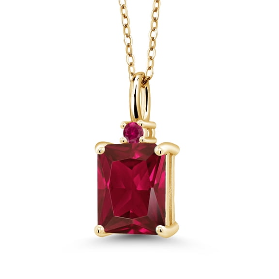 Gem Stone King 18K Yellow Gold Plated Silver Red Created Ruby Pendant Necklace for Women | 2.85 Cttw | Gemstone July Birthstone | Emerald Cut 9X7MM | With 18 inch Silver Chain