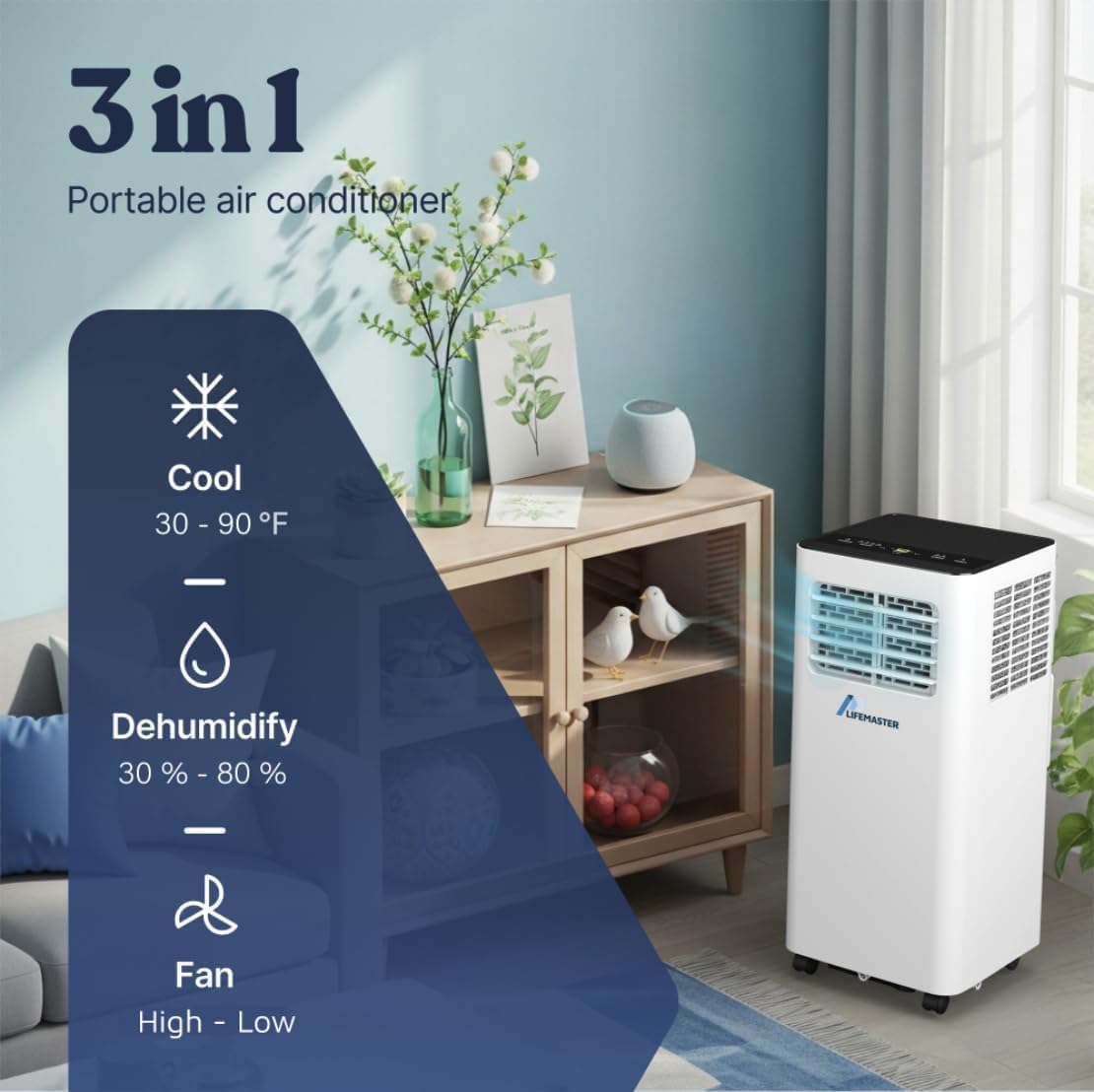 Lifemaster 10,000 BTU Portable Air Conditioner, 3-in-1 AC Unit with Remote & Installation Kit for Rooms up to 450 sq ft – Home, Office & Dorm Use