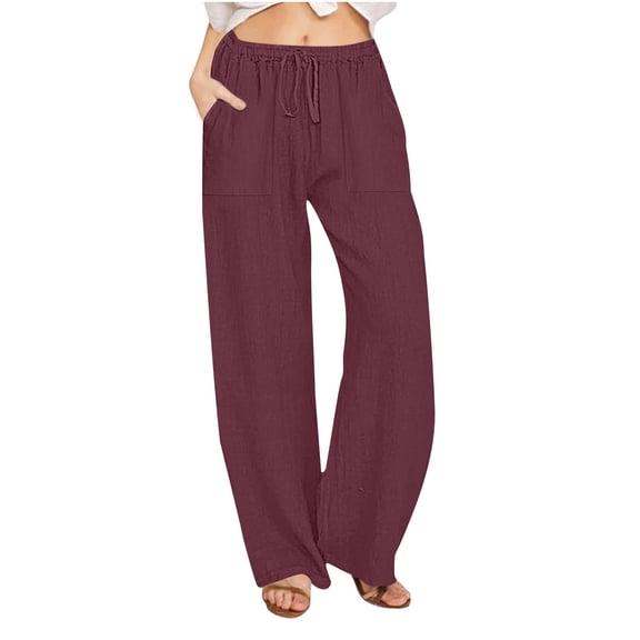 AOOCHASLIY Womens Pants Summer Summer Clothes Wide Leg Trouser Jeans Casual Solid Cotton Linen Drawstring Elastic Waist Long Pants