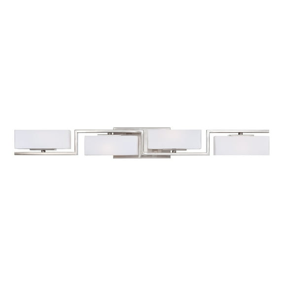 Meridian 33.75 in. 4-Light Satin Platinum Retro Vanity Light with White Opal Glass Shades