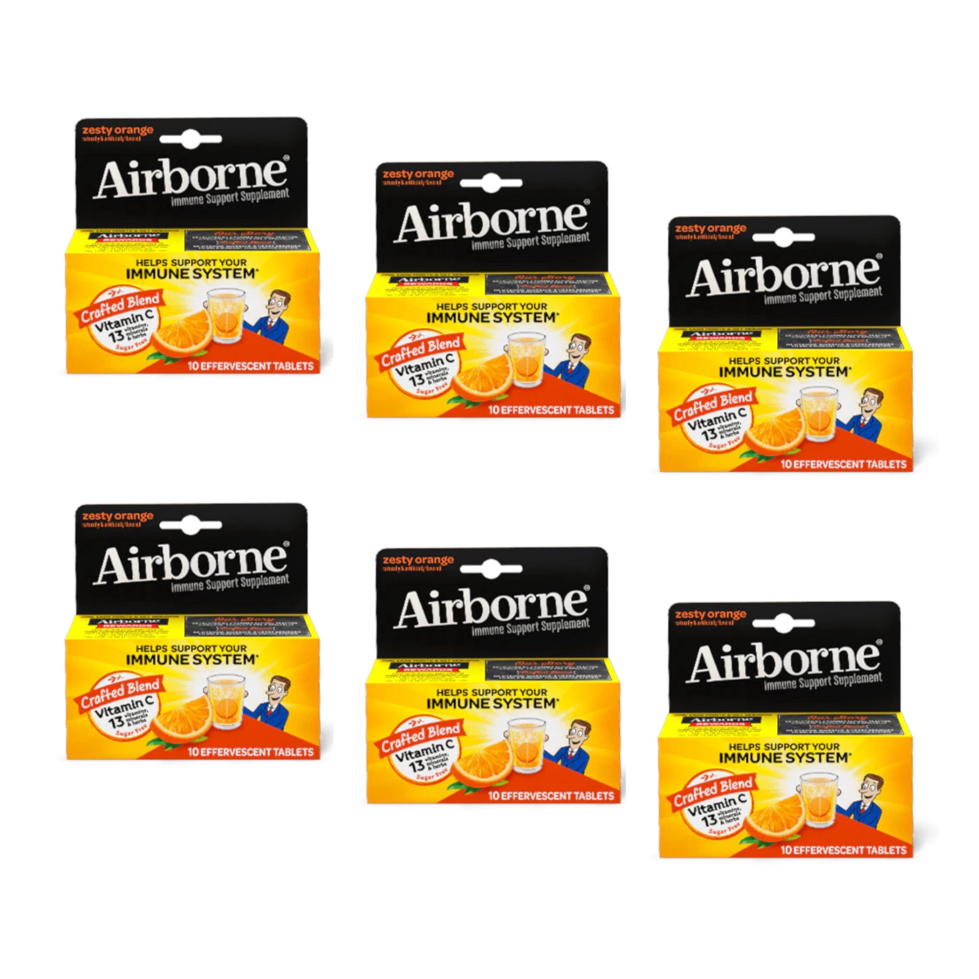 6 Pack Airborne Effervescent Health Formula Tablets, Orange-10 count Each