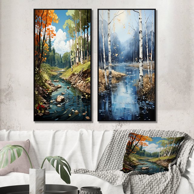 Designart "Serenity Falls Birch Woods I" Tree Birch Framed Wall Art Set Of 2 - Green Floral Frame Gallery Set For Office Decor