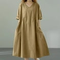 thumbnail image 3 of Efsteb Summer Dresses for Women V-Neck Cotton Linen Loose Dress with Pocket Short Sleeve Classic Solid Color Fashion Sundresses Loose Casual Comfy Spring Dress (Khaki,M), 3 of 4