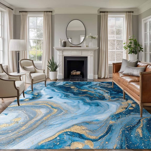 Area Rug for Living Room, Blue Gold Marble Non-Slip Indoor Large Carpet for Bedroom/Dining Room, Modern Abstract Geometric Gradient Washable Low-Profile Rectangle Floor Runner Rugs - 6 x 9 Ft