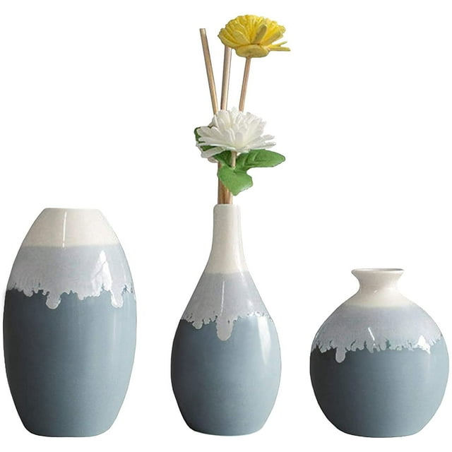Ceramic Flower Vase, Blue Ceramic Vase Set of 3, Small Decorative Vase, Unique Glazed Design Vases, Modern Flower Vase for Home Decor, Centerpieces, Living Room, Kitchen, Wedding
