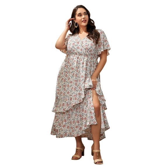 LapaPlus Women Plus Size Summer Dress 2025 Boho Floral Maxi with Cascading Ruffles Dress for Beach Wedding, Vacation