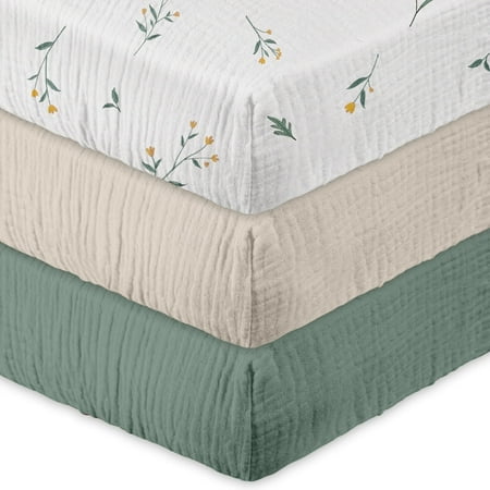 Gllquen Baby Muslin Soft Cozy Cotton Mini Crib Pack N Play Fitted Sheets for Boys Girls 3-Pack, Leafy Green