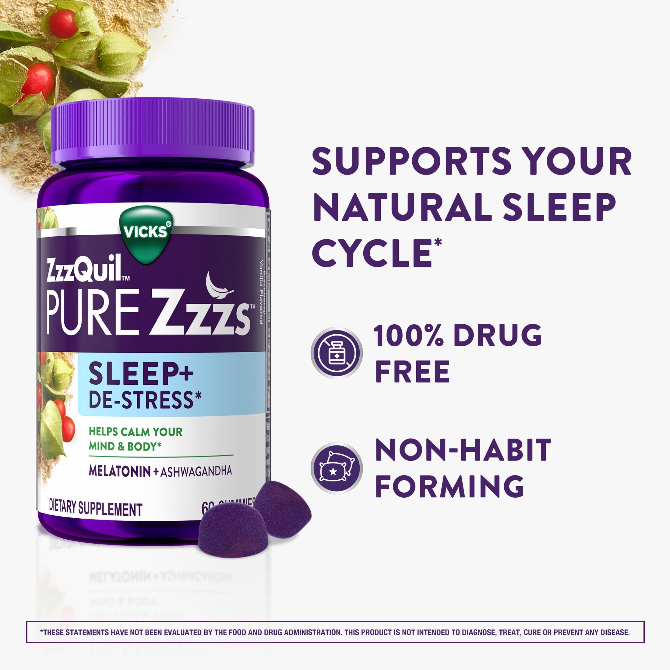 ZzzQuil PURE Zzzs Melatonin Sleep Aid Gummies with Ashwagandha for Adults, 1mg, 60 Count