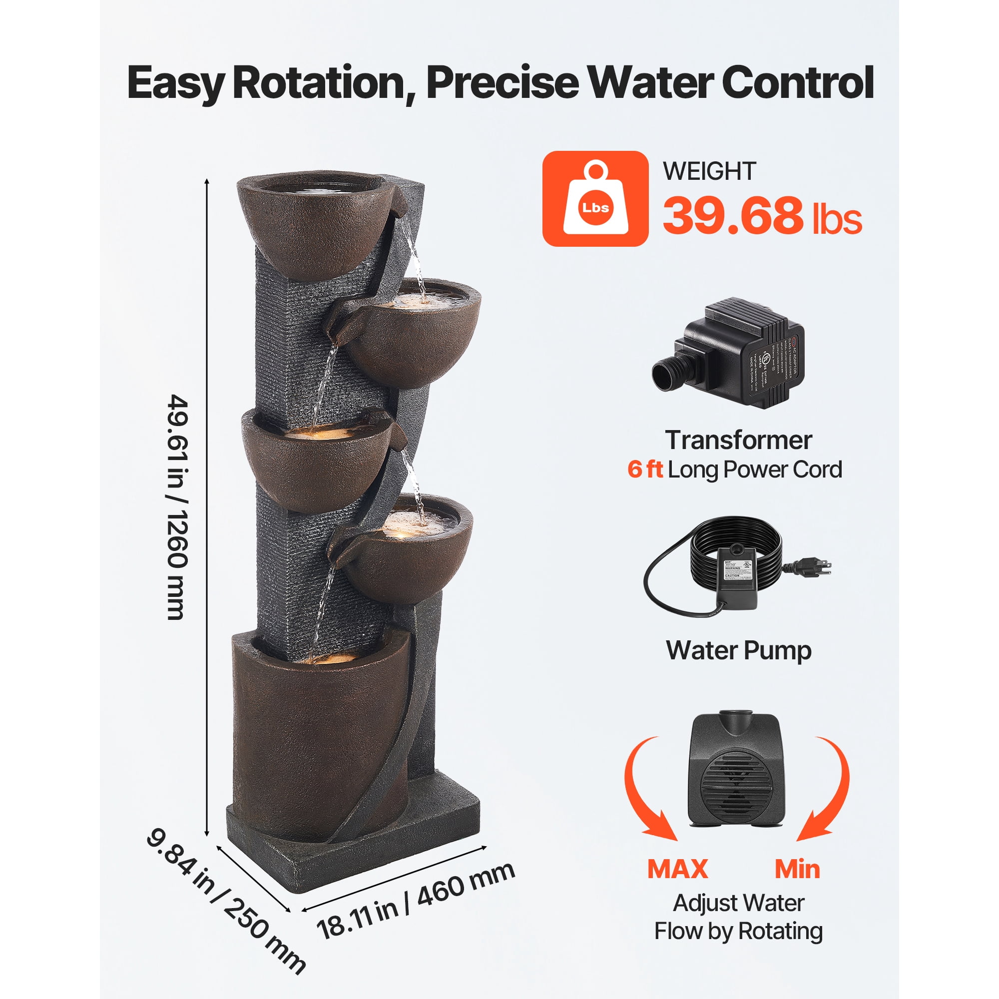 KFFKFF Outdoor Water Fountain, 49.61 in Tall, 5-Tier Jar-Shaped Cascading Design with LED Light and Pump, Ideal for Garden, Patio, Home, and Backyard Use