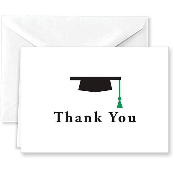 Paper Frenzy Graduation Hat with Green Tassel Thank You Note Cards and White Envelopes 25 pack