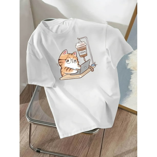 Women's Casual T-Shirt with Playful Cat Wearing Glasses Print - Round Neck, Short Sleeve, Stretch Cotton Fabric, Machine Washable - Available in Multiple Colors TEE TOP