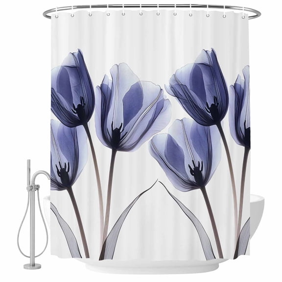 Navy Blue Tulip Fabric Shower Curtain Flower Floral Washable Shower Curtains for Bathroom, Waterproof Bath Curtain with Hooks Home Decor 72x72in