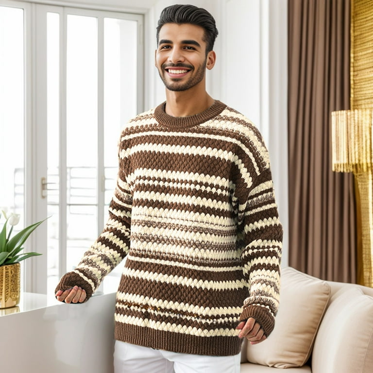RATTOYY Comfy Sweaters Mens New Basic Soft Autumn Winter Flower Round Neck Home Loose Youth Knit Male Going Out Casual Pullover Handsome Fancy