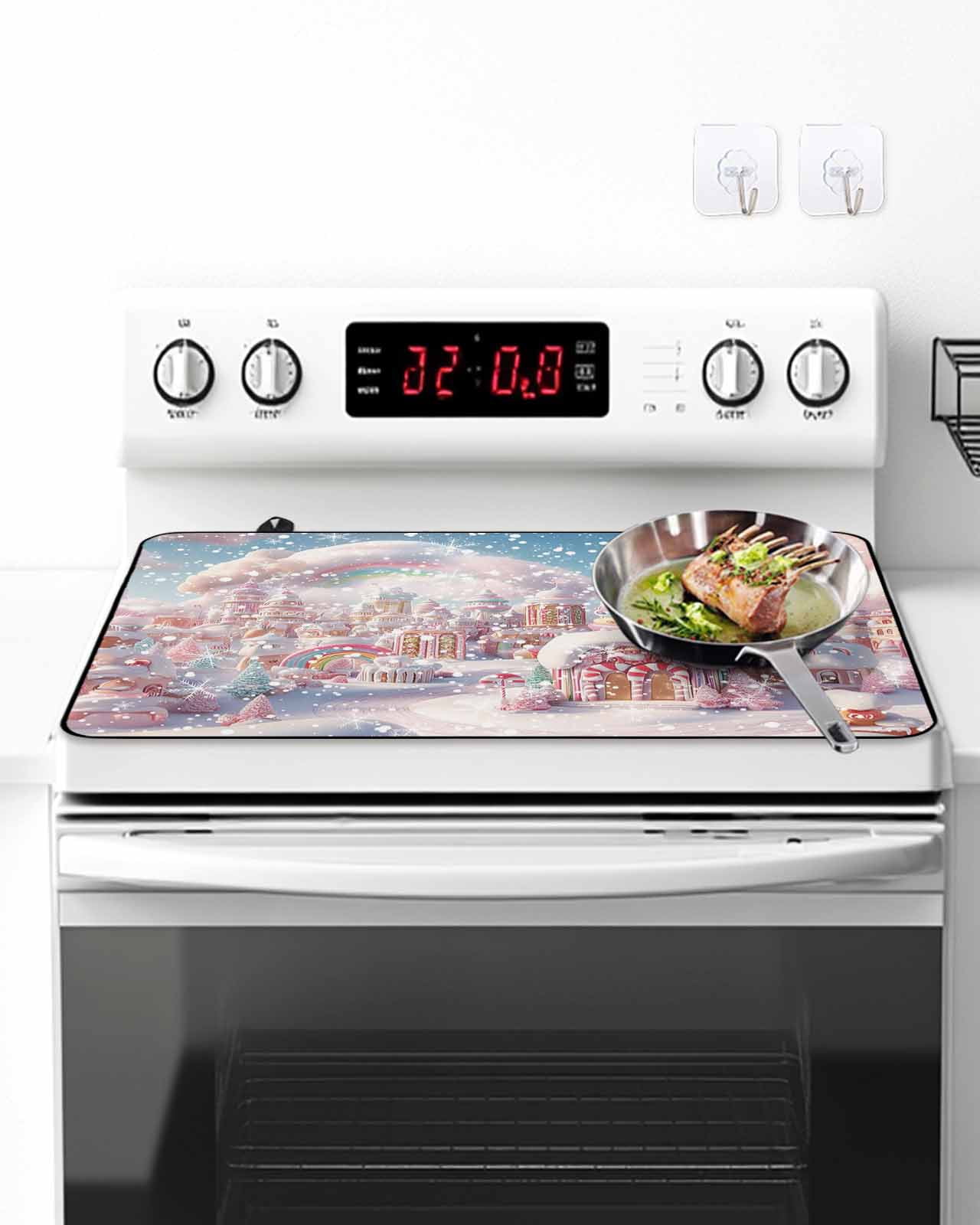 Merry Christmas Stove Top Covers for Electric Stove, 36'x21'' Gnome Elves on Retro Wooden Board Glass Ceramic Stove Cover Foldable Rubber Mat Heat Resistant Cooktop Protector for Kitchen